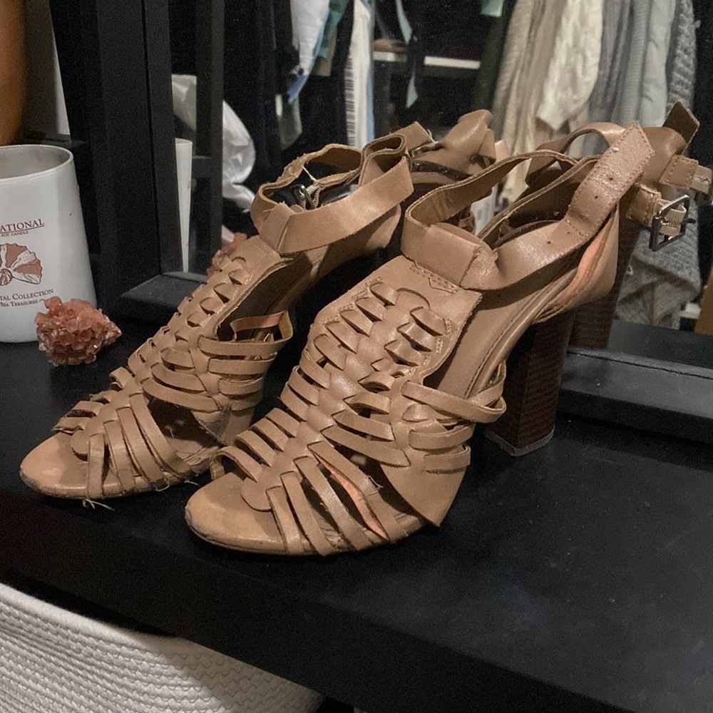Tan boho strappy stacked heel sandals